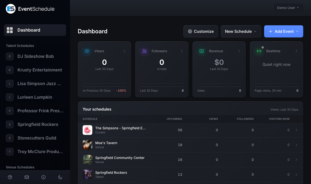 Event Schedule dashboard showing the month calendar, the sidebar list of schedules, and the New Schedule button