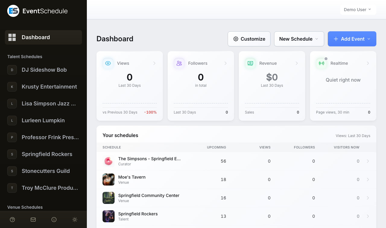 Event Schedule dashboard showing the month calendar, the sidebar list of schedules, and the New Schedule button